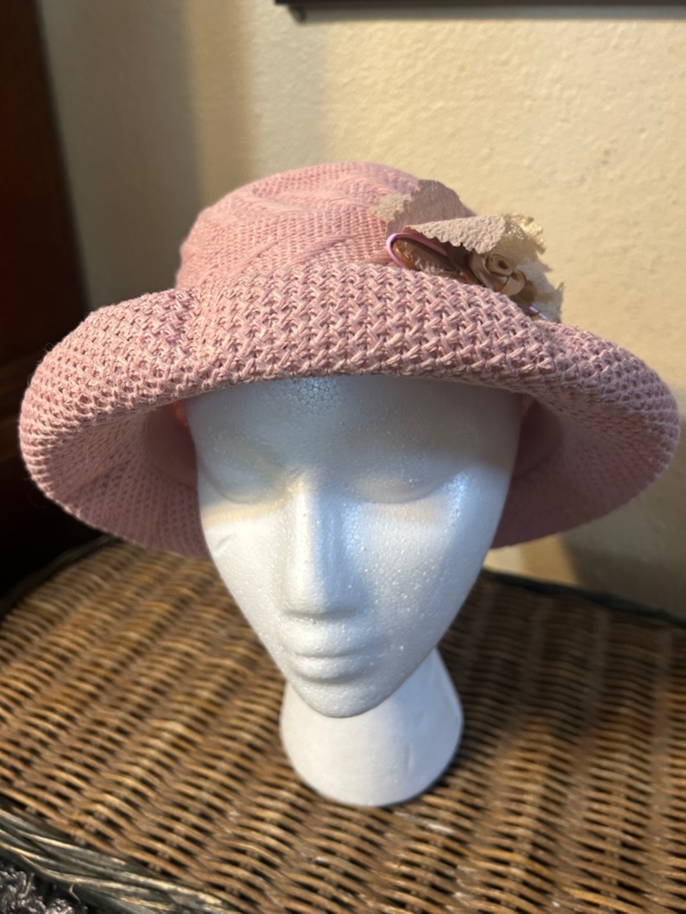 Pink Straw Cloche Hat with Flower Accent
